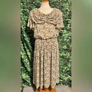 Vintage Maren Dress Floral Brown Green Pink Polyester USA Women’s Est. Med 10